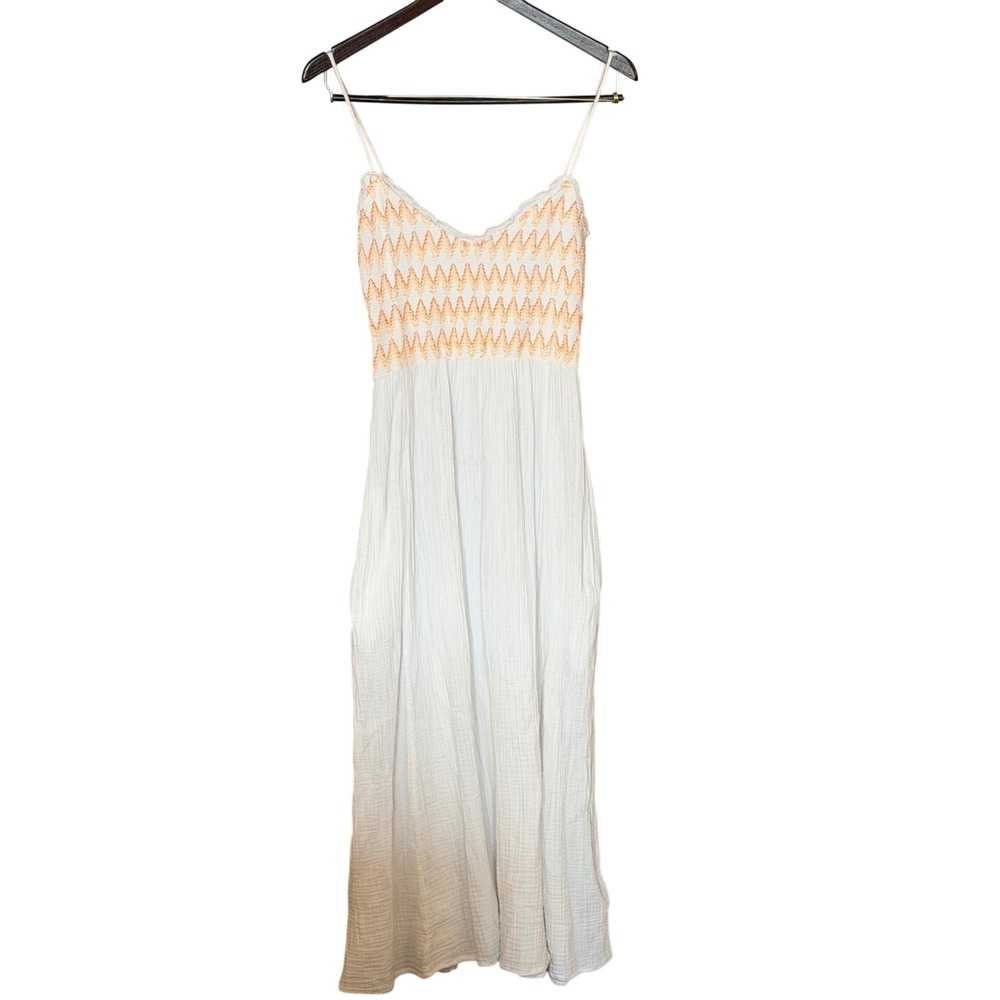Free People M White Cotton Gauze Smocked Midi Dress Orange Zigzag Embroidery Boh